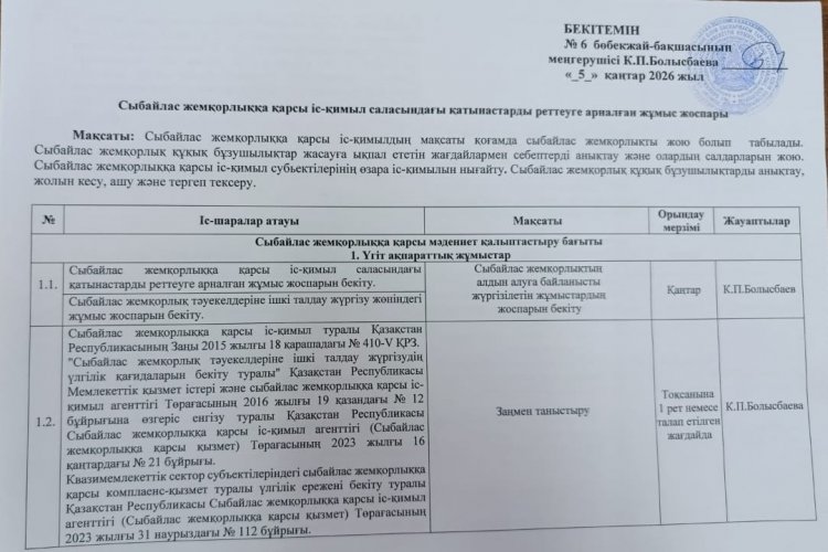 Сыбайлас жемқорлыққа қарсы іс - қимыл саласындағы қатынастарды реттеуге арналған жұмыс жоспары